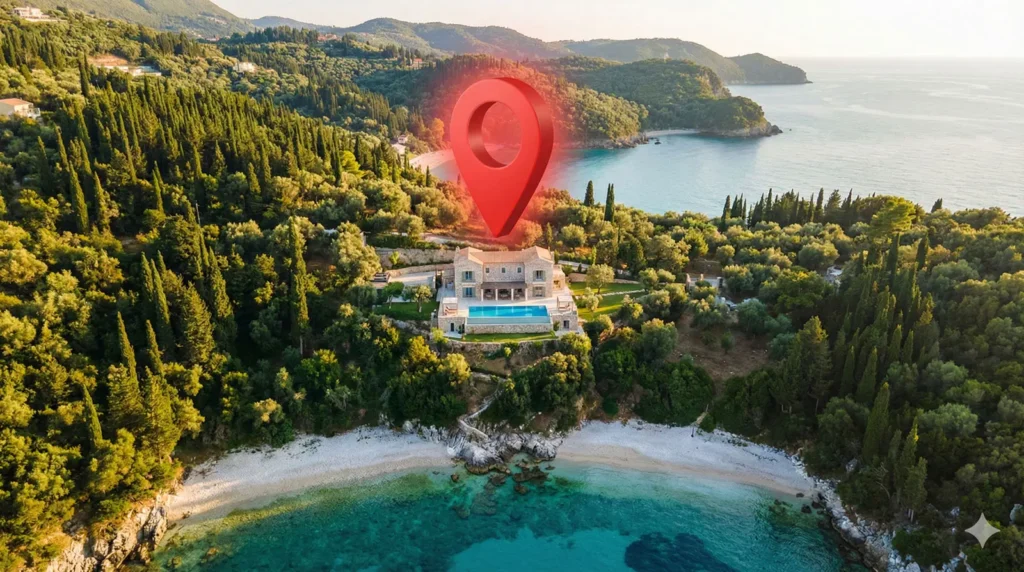 Aerial drone view of a luxury Corfu villa with a large red Google Maps pin, illustrating location optimization for direct bookings.